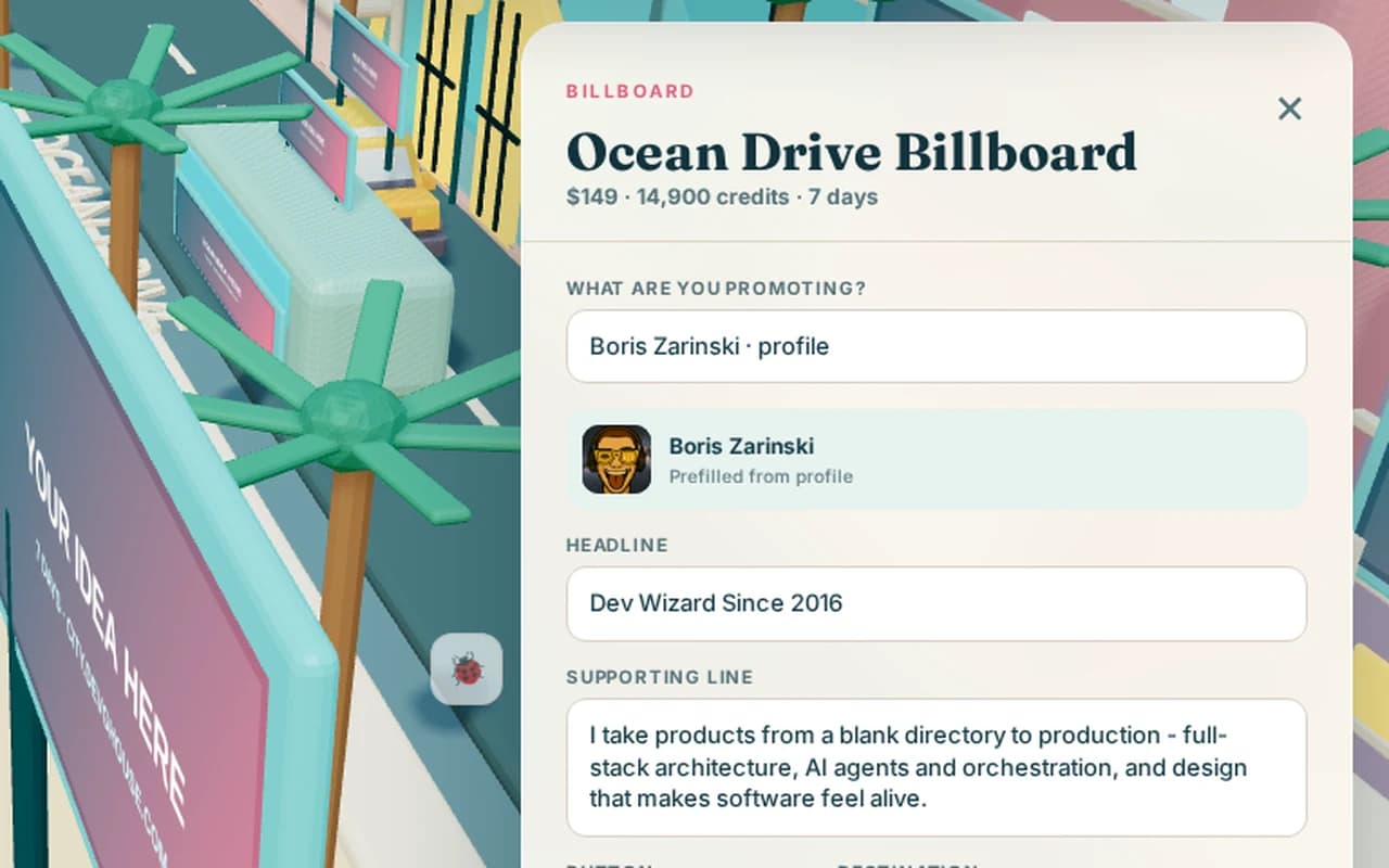 City: the Ocean Drive Billboard picked, with its ad form filled in