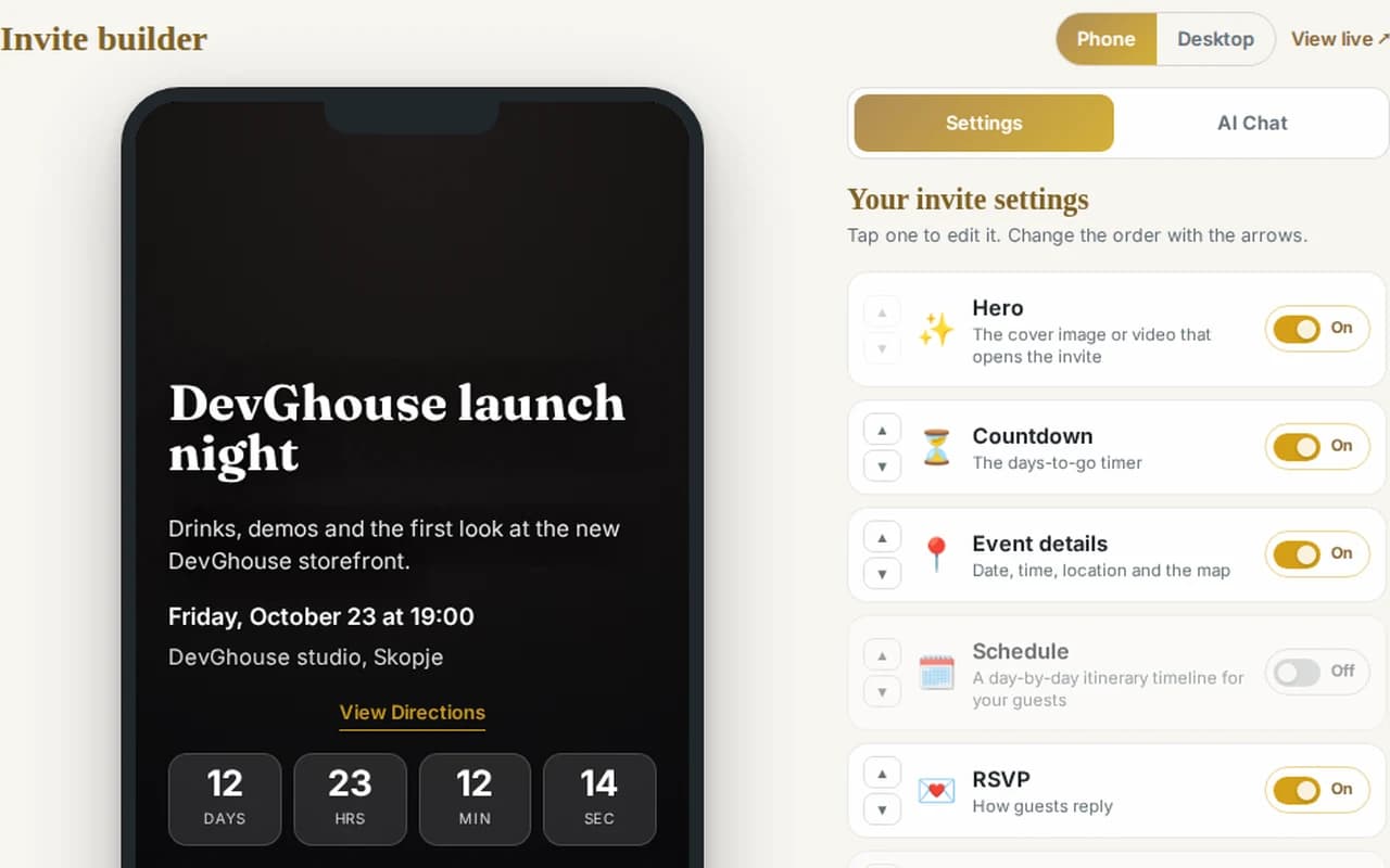 Events: the invite builder for DevGhouse launch night, with the phone preview and the invite sections beside it