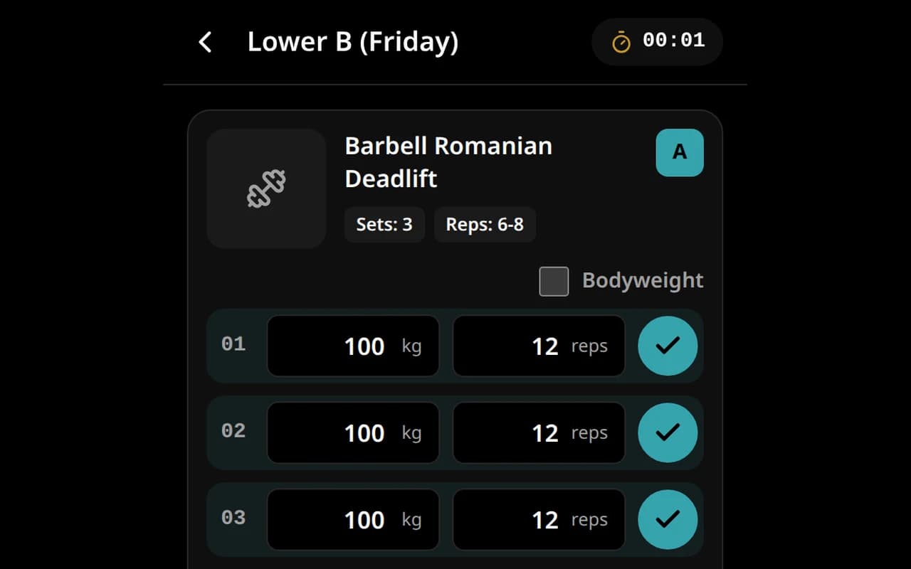 Fitness on a phone: a deadlift with three sets of 100 kg ticked off mid-workout