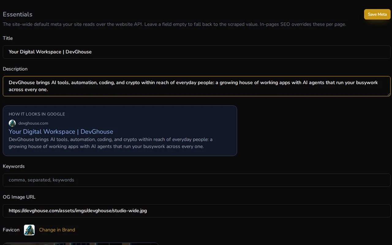 devghouse.com in the workspace: its search title and description being written, with the Google preview below