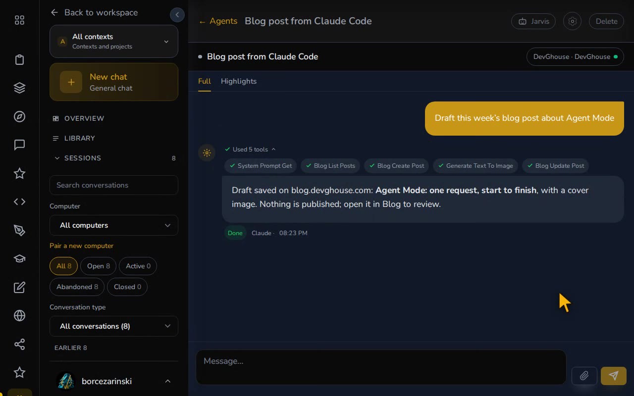The DevGhouse connect page copies the Claude Code command, then Claude Code drafts a blog post through DevGhouse MCP tools