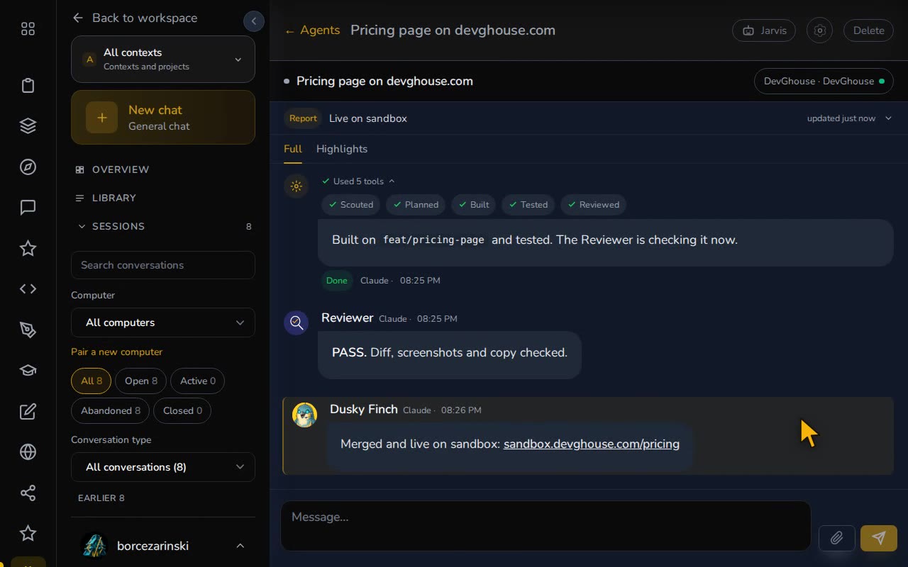 A DevGhouse thread where the agent’s steps, the Reviewer’s PASS and the sandbox link follow one request, then the highlight updates