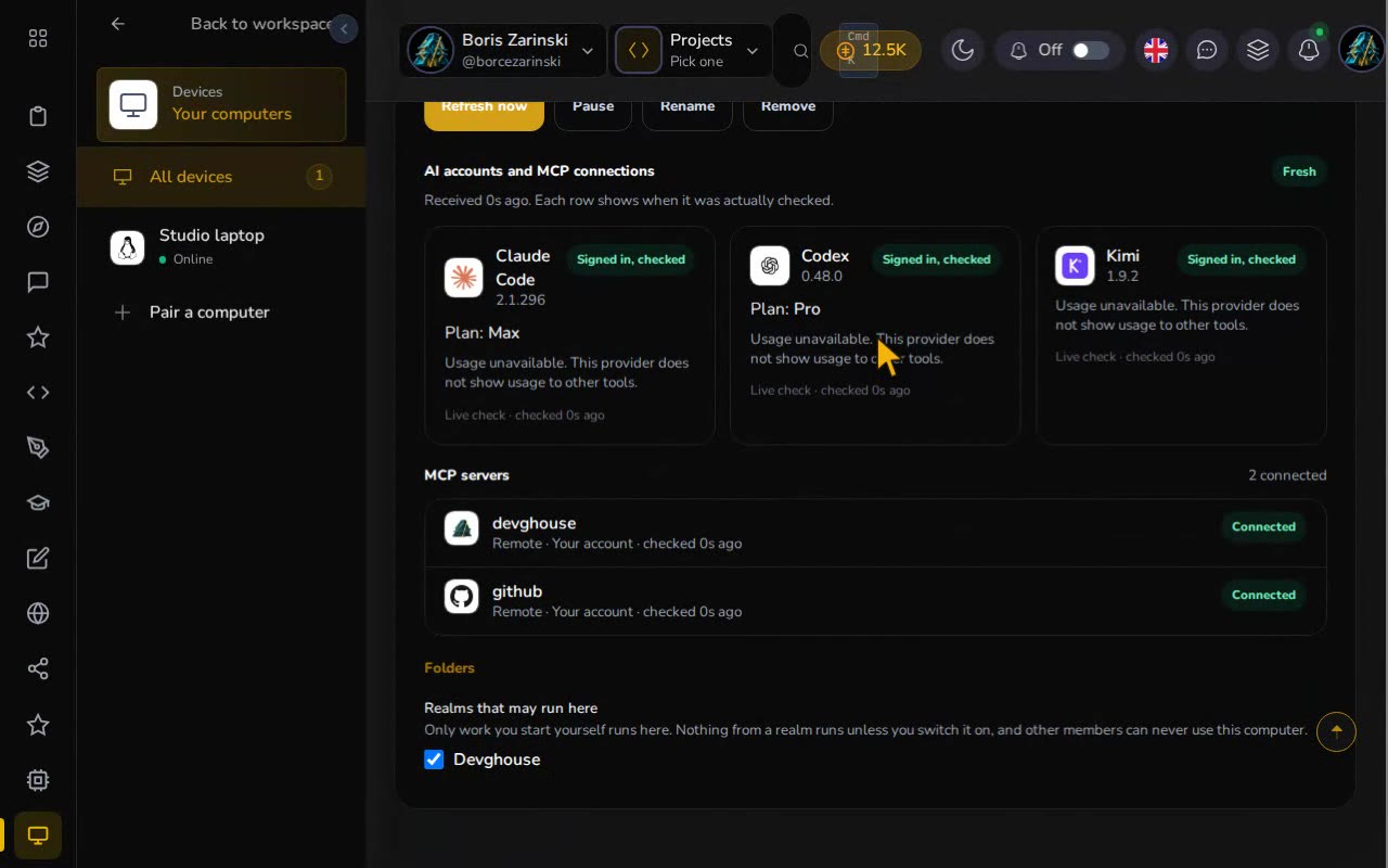 A pairing code is claimed by DevGhouse Desktop, then Devices shows the computer with its AI accounts and MCP servers