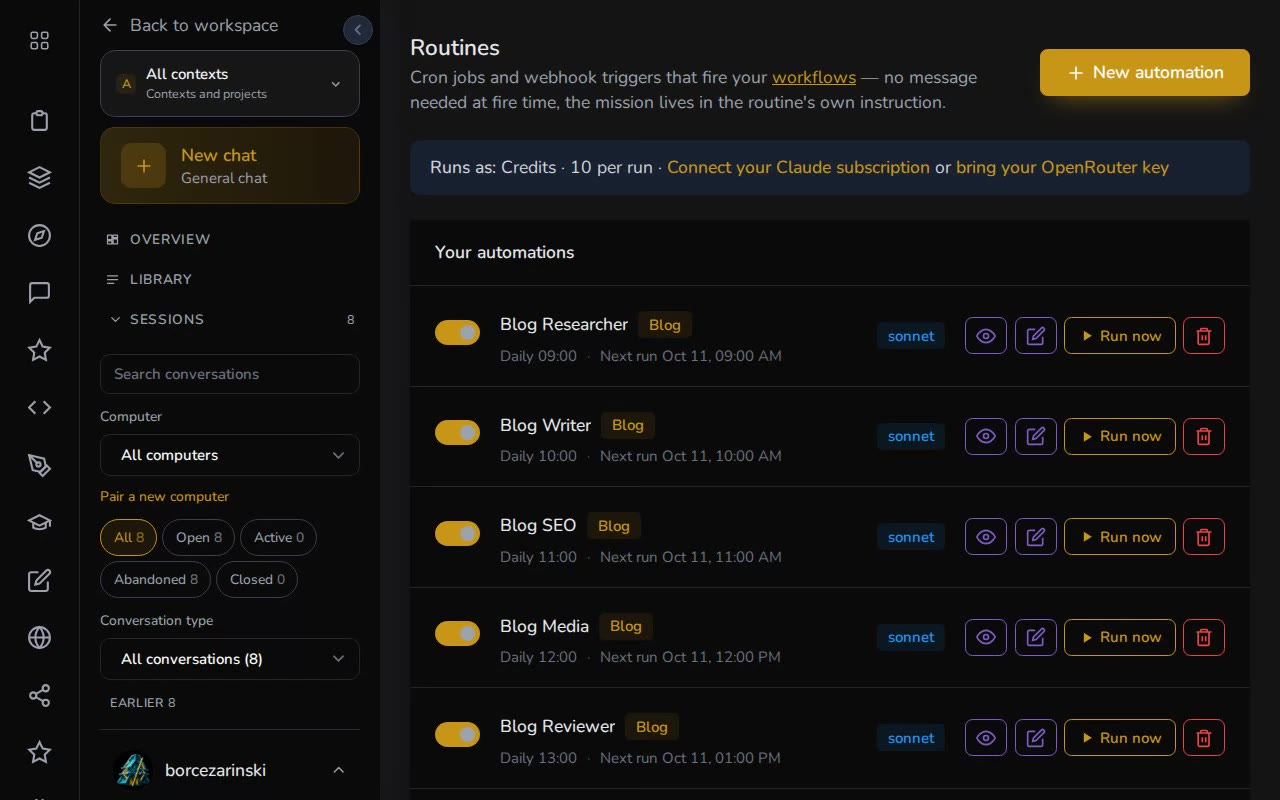 Routines with their next runs; one is opened and run now until its result lands