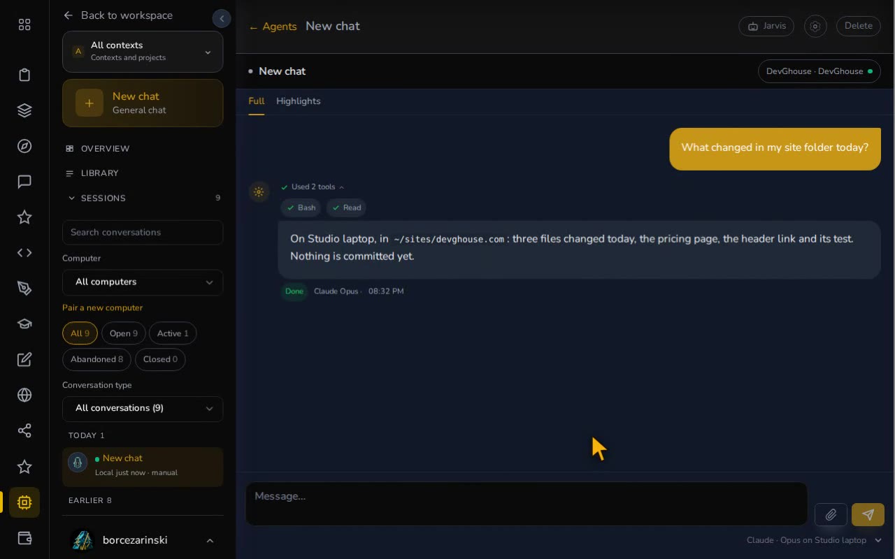 New chat with Where set to a paired computer, Claude and Claude Opus; the thread runs on that computer and the answer comes from it