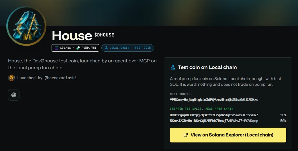 The House coin page on crypto.devghouse.com: Solana and pump.fun badges, a Local chain test coin label and the creator fee split of 50% and 50% read from the chain